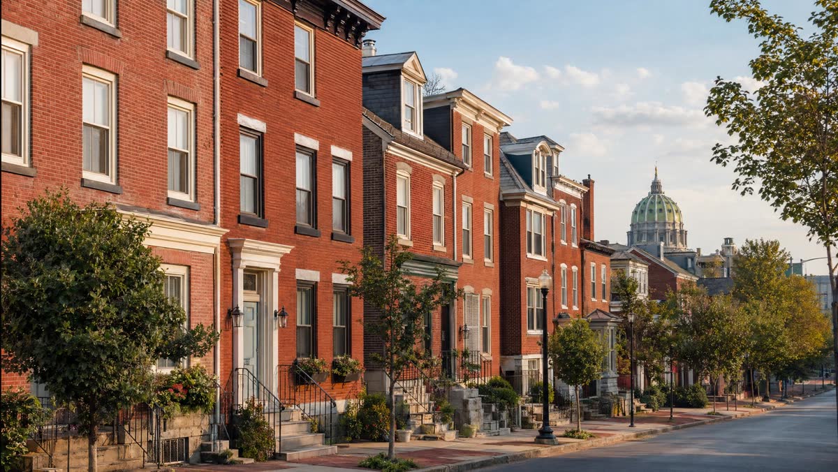 Representative Harrisburg PA brick row homes with Pennsylvania State Capitol context