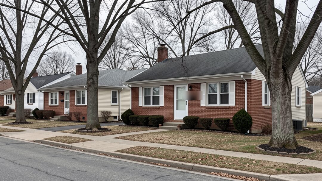 Modest Akron Ohio bungalow and colonial-style homes with mature street trees