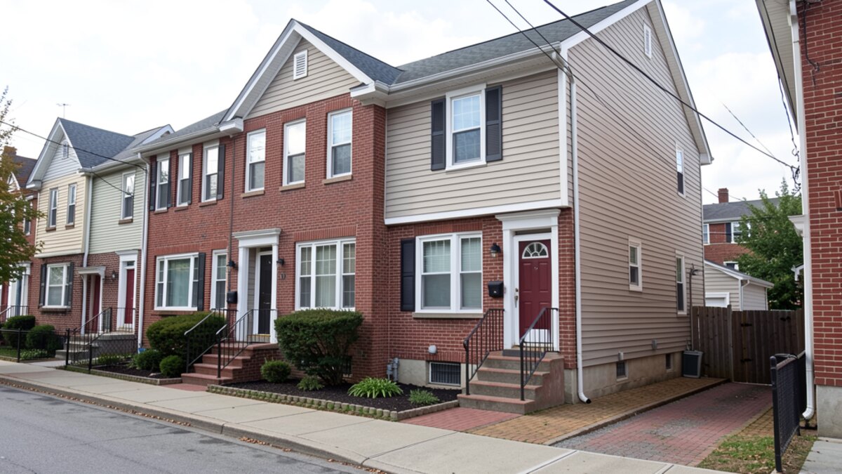 modest Albany New York brick or clapboard rowhouse or two-family home with small front steps