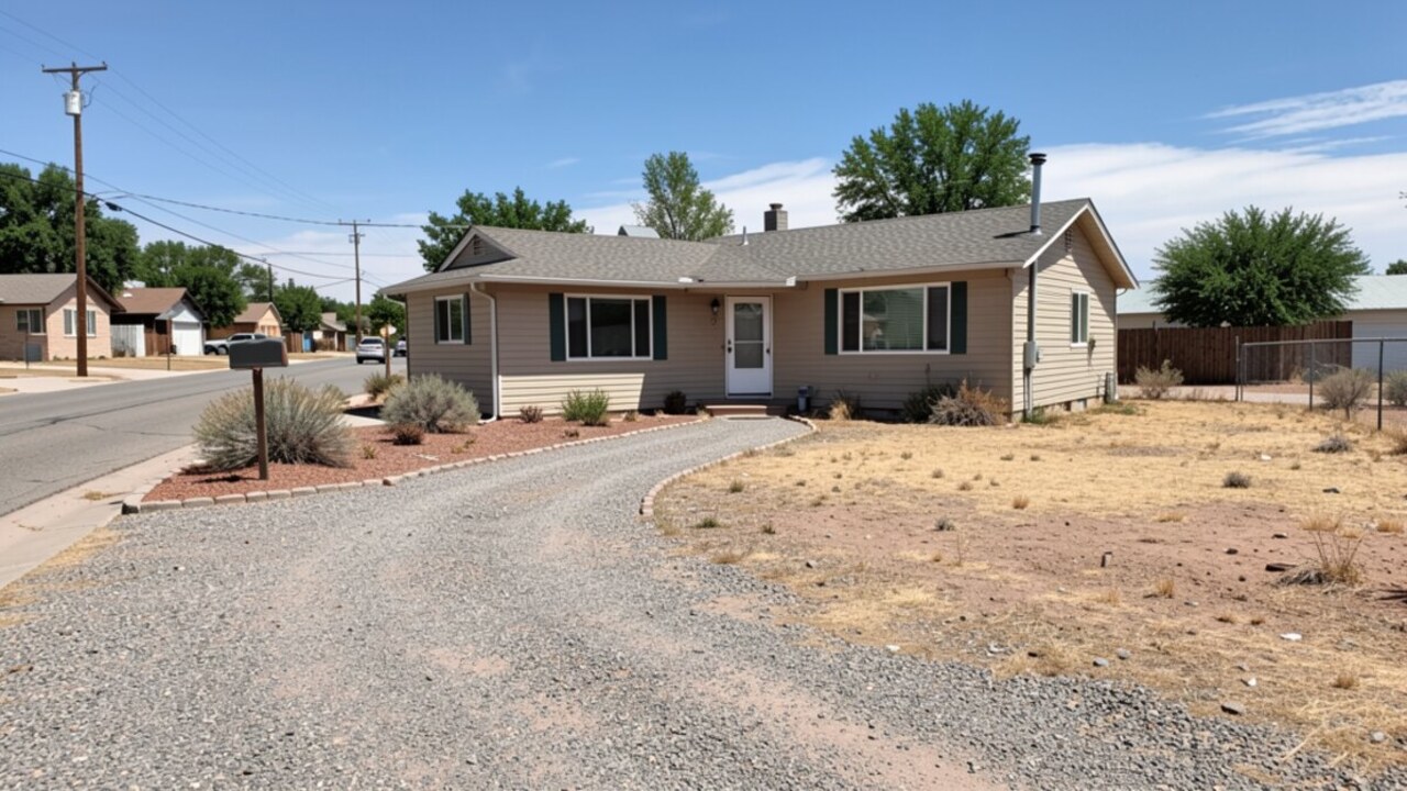Representative Albuquerque single-story desert-yard ranch with low landscaping and driveway; illustrative only, not a real seller or property claim.