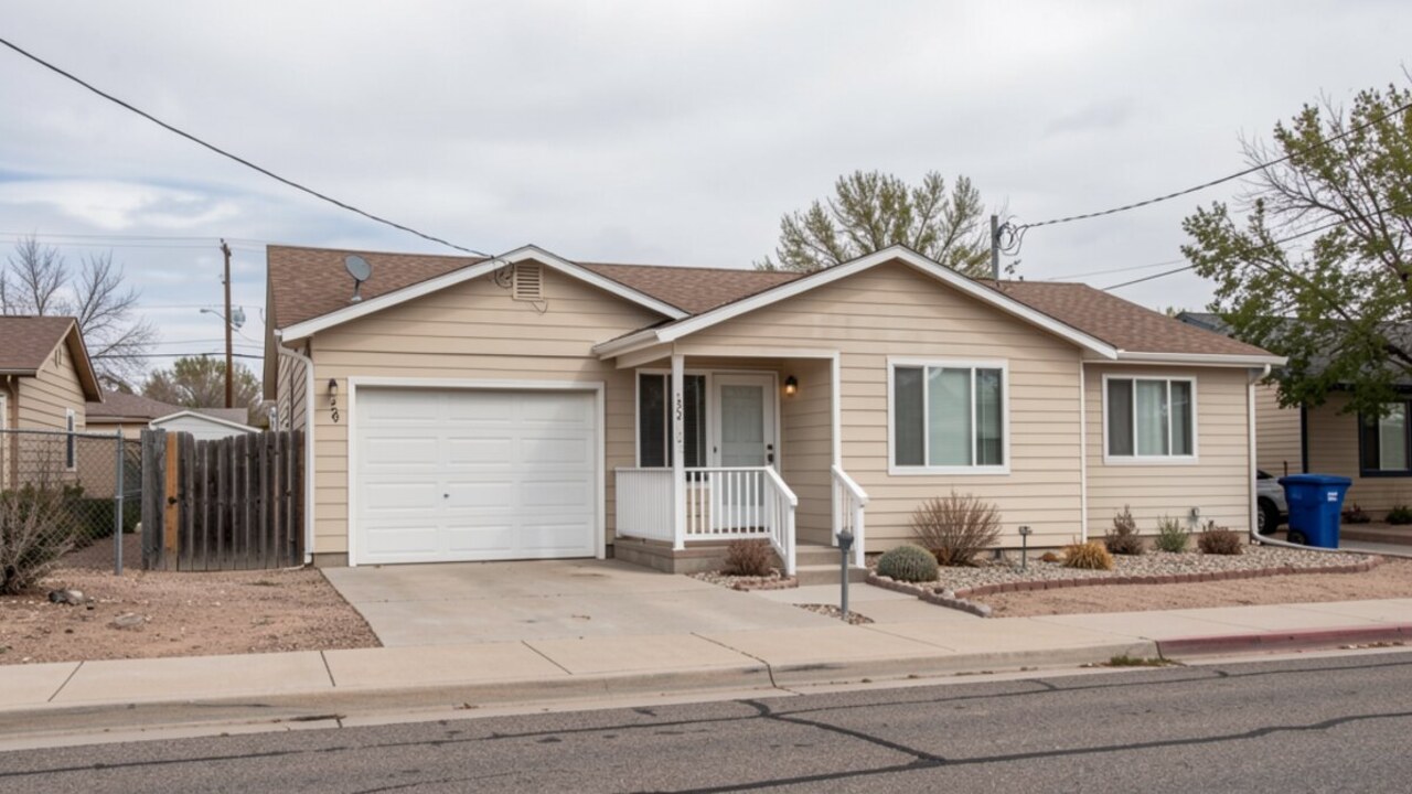 Representative Albuquerque compact rental or duplex-style exterior with arid-West framing; illustrative only, not a real seller or property claim.