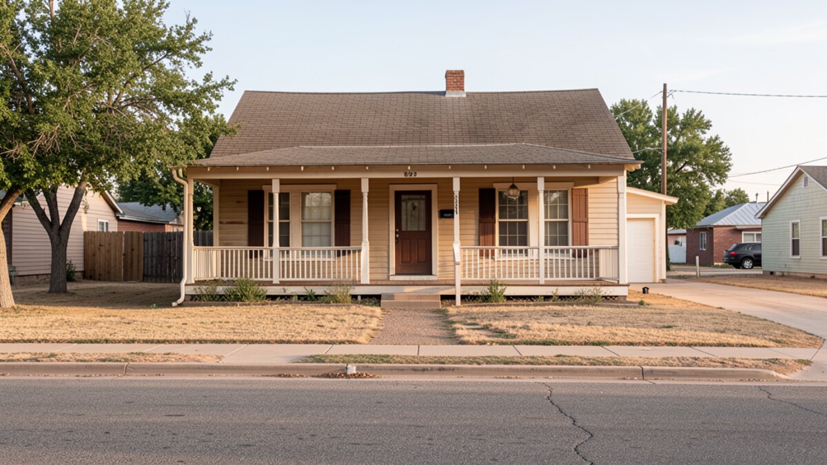 older modest Amarillo Texas front-porch home on a quiet residential street