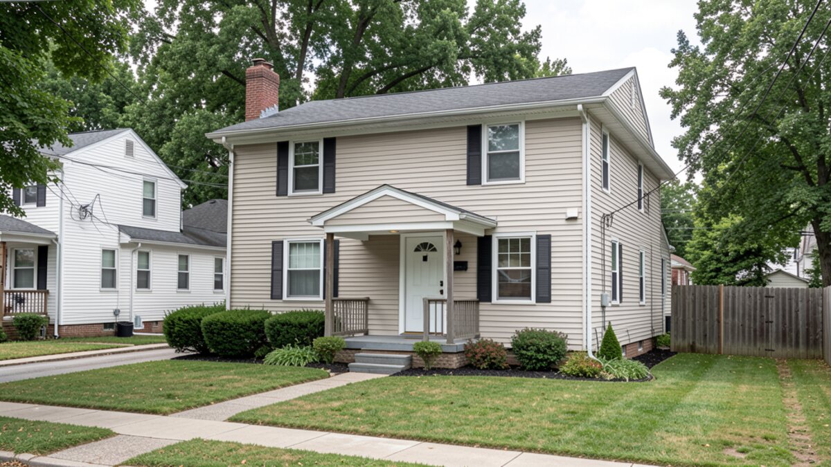 Older modest Baltimore Maryland home with small front porch and simple yard