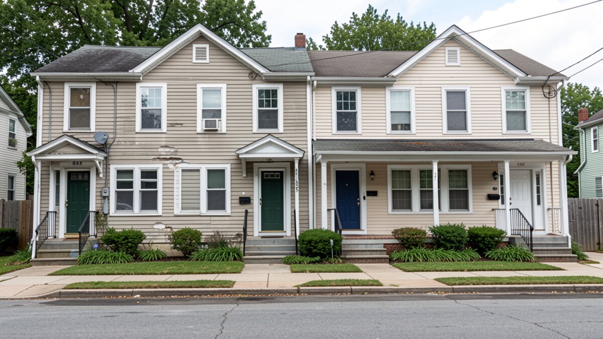 Older modest Baltimore Maryland small rental rowhome pair on a quiet residential street