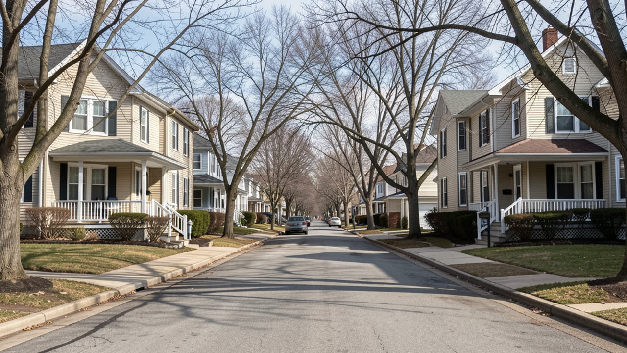 Ordinary Buffalo residential street with two-story frame doubles and small porches