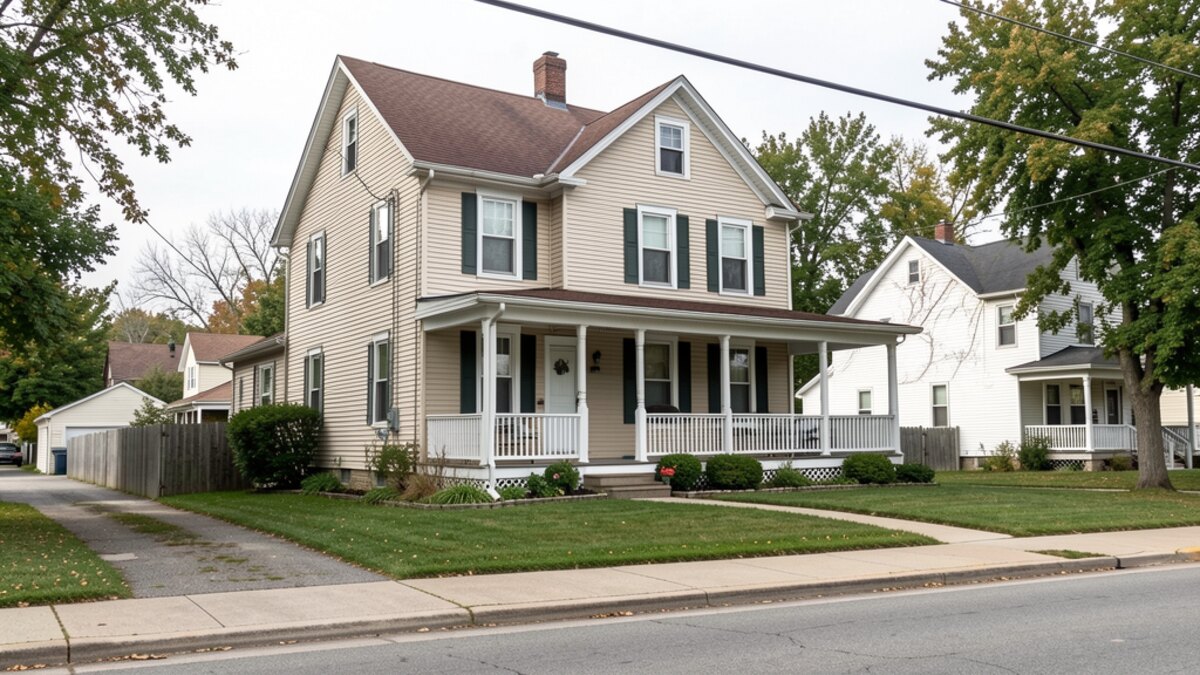older modest Dubuque Iowa two-story home with front porch on a quiet residential street