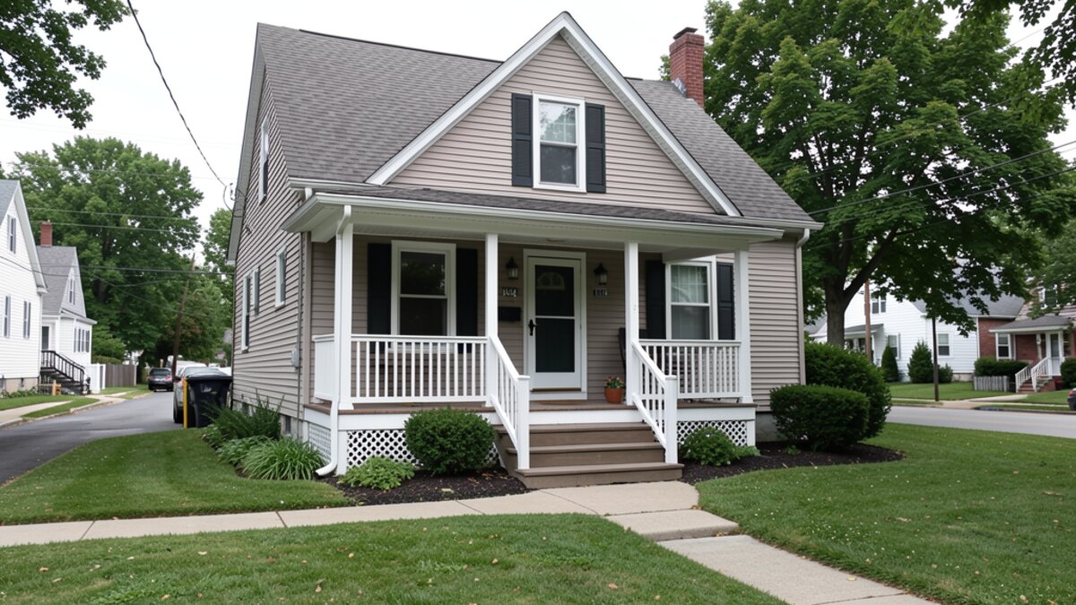 older modest Elmira New York front-porch home on a quiet residential street