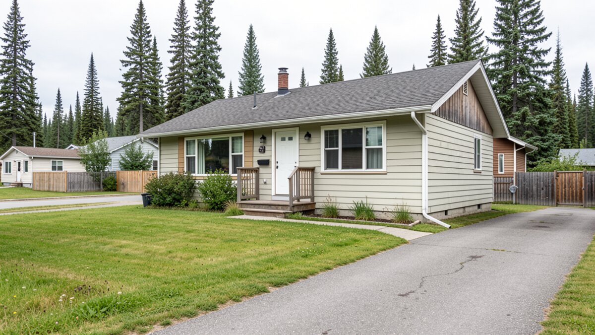 Fairbanks Alaska small ranch house or cabin-style bungalow with compact yard and driveway