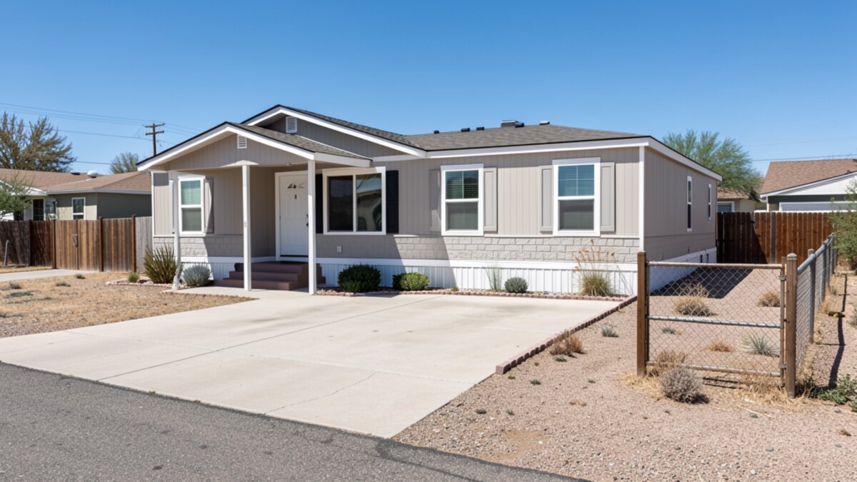 modest Fallon Nevada bungalow or manufactured-home-style house with driveway and small fenced yard