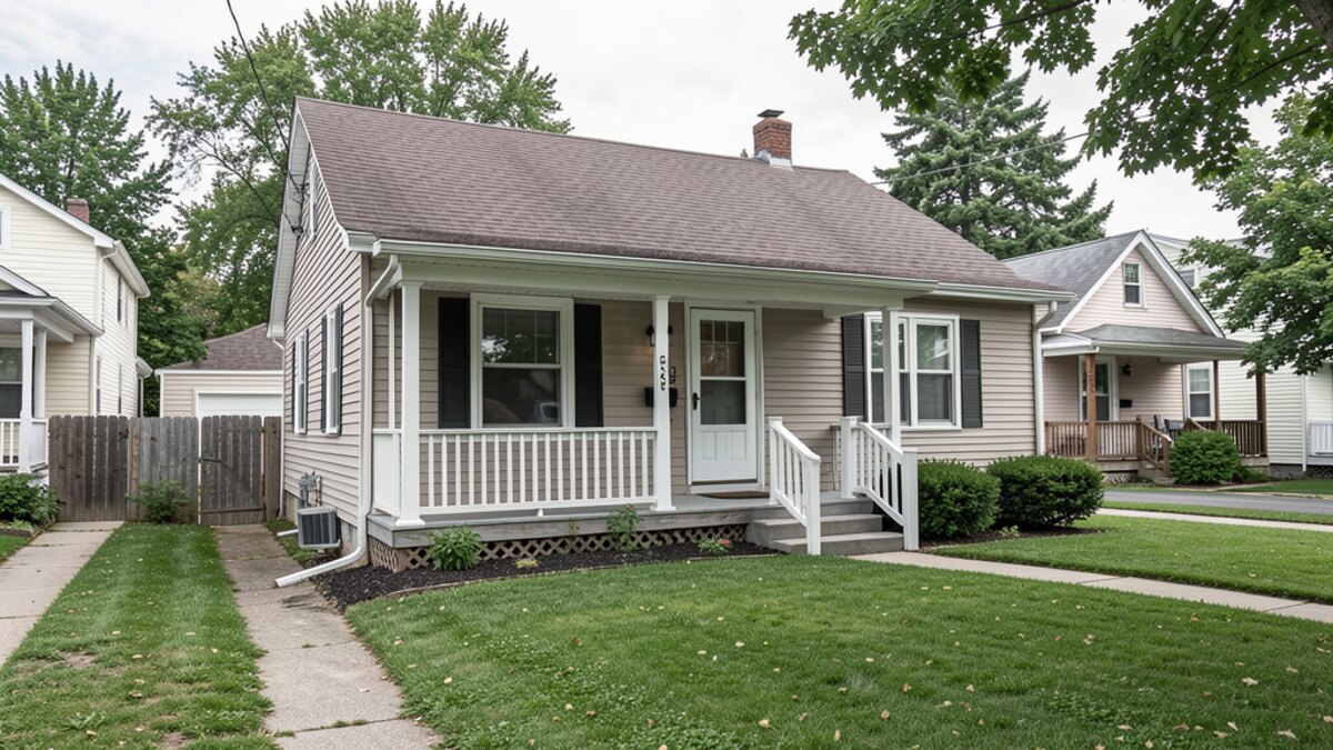modest Faribault Minnesota bungalow with front porch and small lawn
