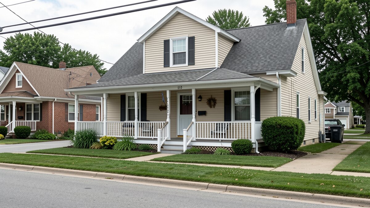 older modest Holland Michigan front-porch home on a quiet residential street