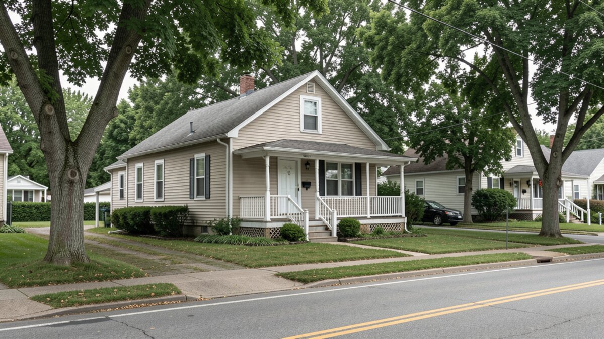 older modest Huntington Indiana bungalow with small front porch on a quiet residential street
