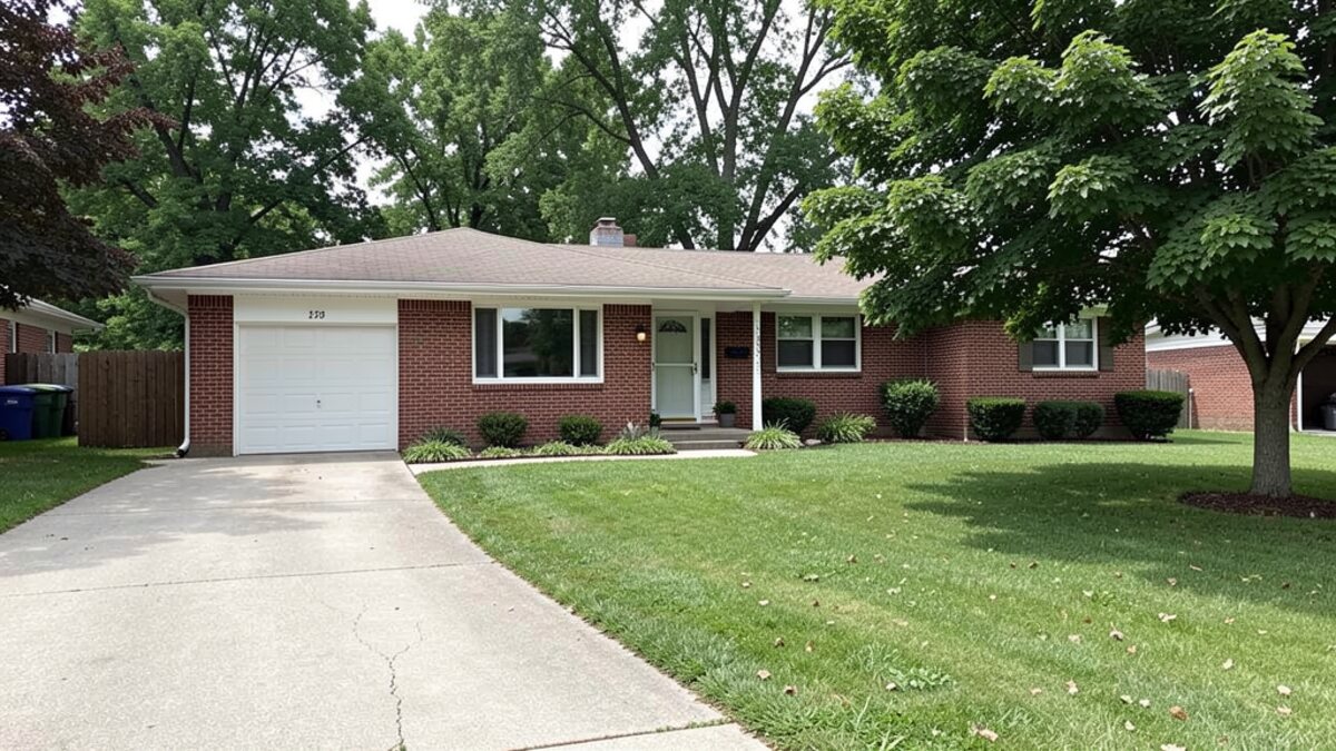 Modest Indianapolis Indiana brick ranch home with driveway and mature trees