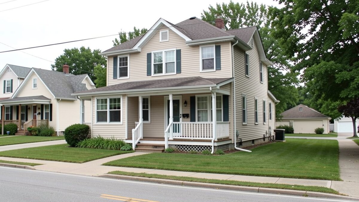 older modest Jacksonville Illinois two-story or bungalow home with front porch on a quiet residential street