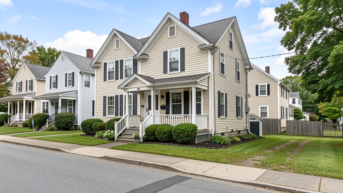 older modest Keene New Hampshire two-story home with small front porch on a quiet residential street