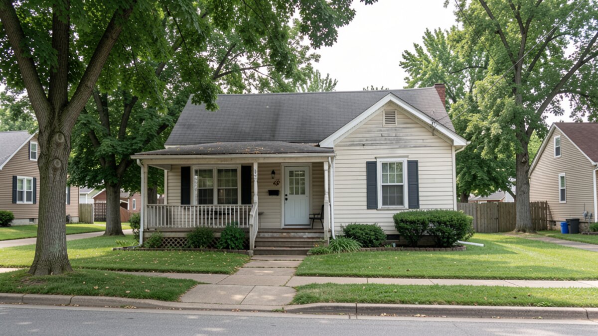 older modest Lincoln Illinois front-porch home on a quiet residential street