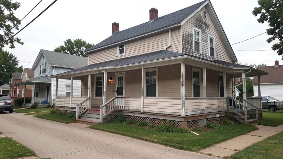older modest Marshalltown Iowa front-porch home on a quiet residential street