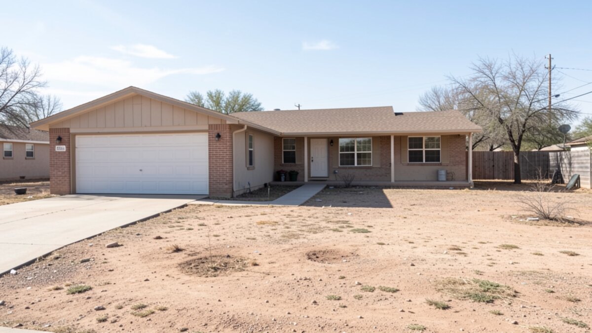 Midland Texas small ranch house or bungalow with detached garage and arid yard