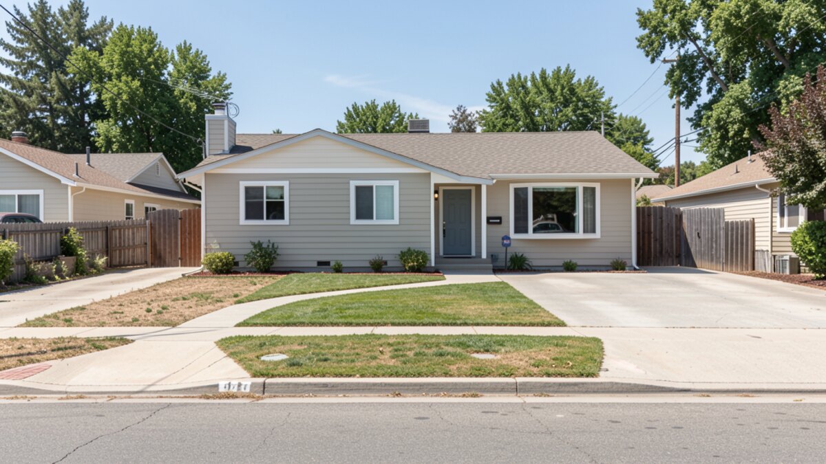 Modesto California small ranch house or bungalow with compact yard and driveway