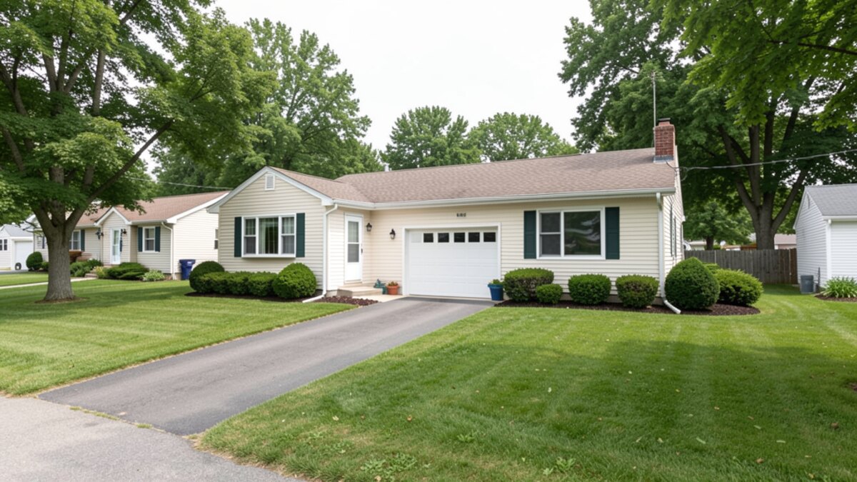 modest Monroe Michigan ranch house with driveway and small yard