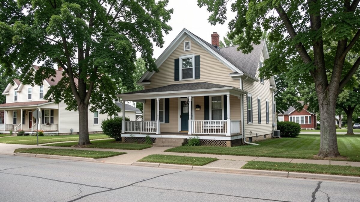 older modest New Ulm Minnesota front-porch home on a quiet residential street