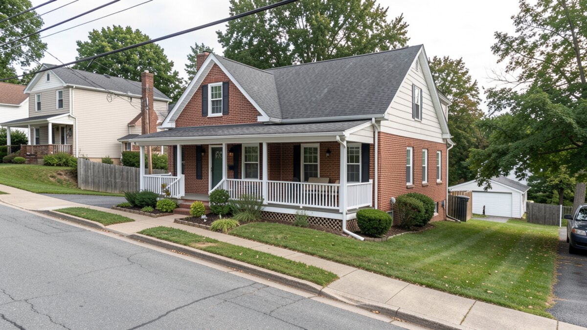 Pottsville Pennsylvania small brick or frame house with porch on a sloped residential street