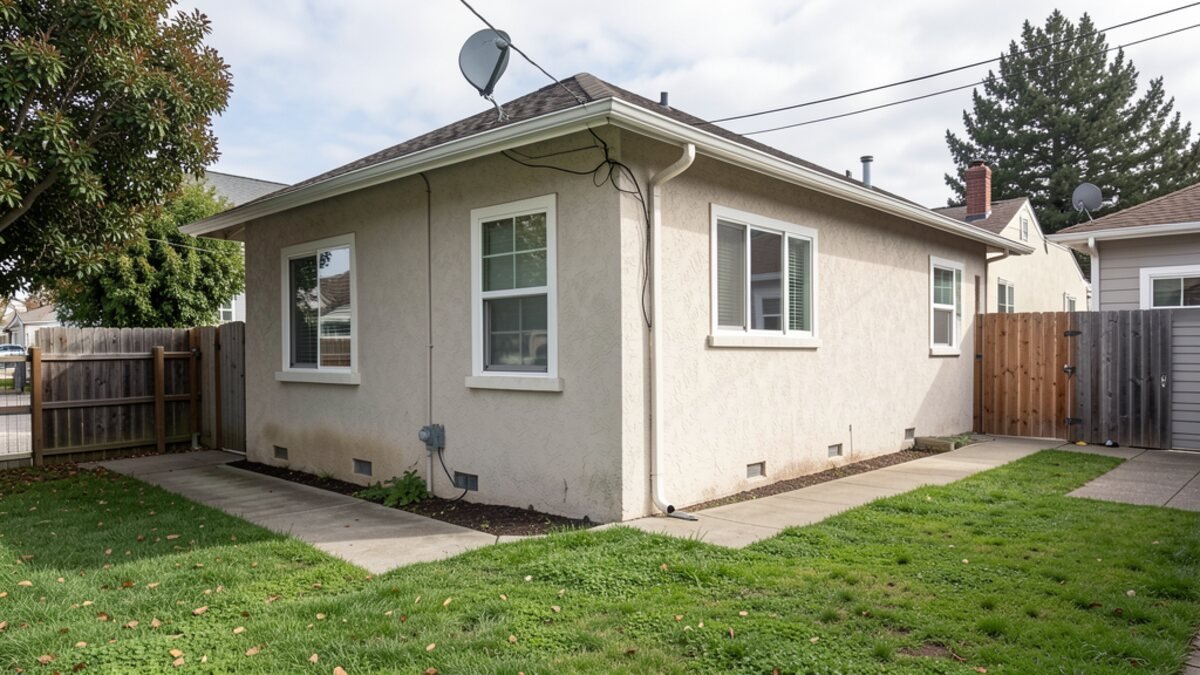 Modest San Francisco Bay Area older single-family or rental property with simple stucco exterior