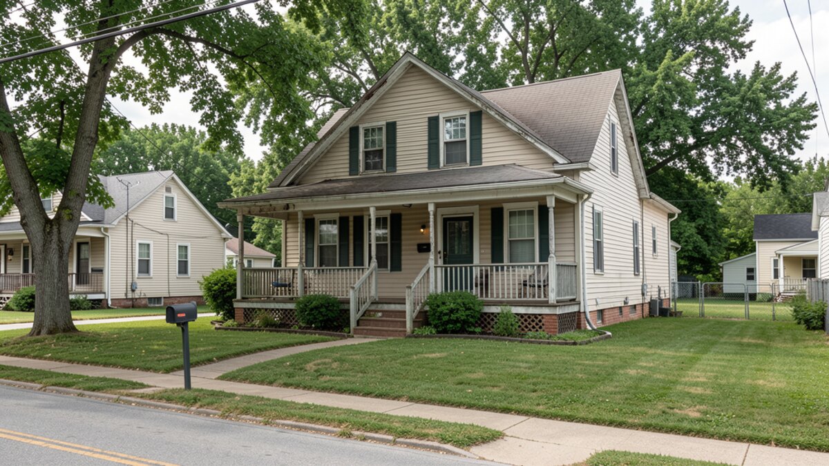 older modest Sedalia Missouri front-porch home on a quiet residential street