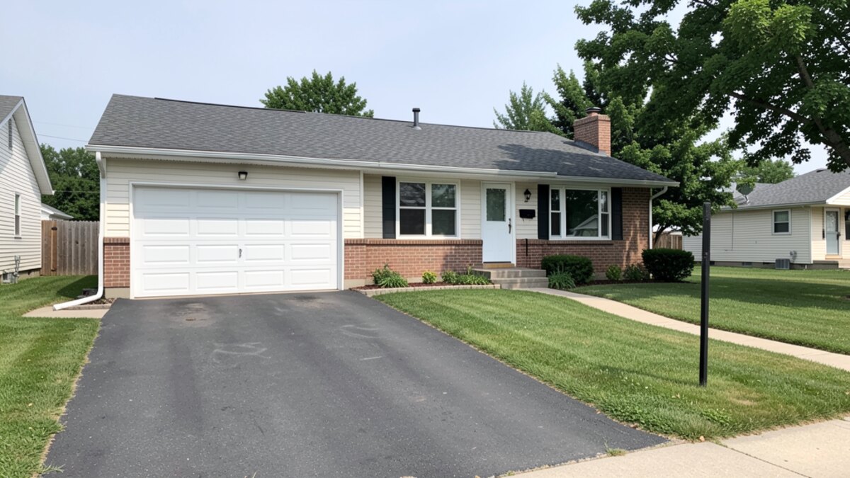 modest St. Cloud Minnesota ranch or bungalow with attached garage and small lawn